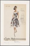 Sleeveless full-skirt print dress with bateau neckline and organza collar and bow; fitted bodice with V-shaped drop waist front with soft gathers