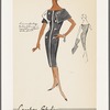 Linen or shantung sleeveless sheath dress with bateau neckline and decorative button detailing; contrast lining in capelet and down center front of dress