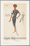 Linen or shantung sleeveless sheath dress with bateau neckline and decorative button detailing; contrast lining in capelet and down center front of dress