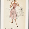 Sleeveless bateau-neckline dress of drip-dry fabric with contrast cummerbund; gored skirt has two strips of bias cut fabric from neckline to hem; matching bolero jacket with bishop sleeves and shawl collar