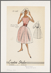 Sleeveless bateau-neckline dress of drip-dry fabric with contrast cummerbund; gored skirt has two strips of bias cut fabric from neckline to hem; matching bolero jacket with bishop sleeves and shawl collar