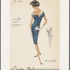 Two-piece dress of shantung and organza; short-sleeved overblouse with square neckline and organza collar draped low at back; organza tie at skirt waist