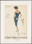 Two-piece dress of shantung and organza; short-sleeved overblouse with square neckline and organza collar draped low at back; organza tie at skirt waist