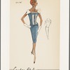 Sheath dress with cap sleeves, wide collar and contrast pintuck panels on bodice and ruffles at neckline; decorative bow at drop waist and welt pockets at hips