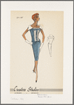 Sheath dress with cap sleeves, wide collar and contrast pintuck panels on bodice and ruffles at neckline; decorative bow at drop waist and welt pockets at hips