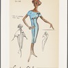 Short-sleeved sheath dress of linen or shantung with bateau neckline, V back and contrast satin trim on front; matching tapering coat with dolman sleeves, Peter Pan collar and satin trim