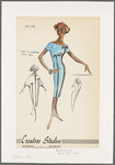 Short-sleeved sheath dress of linen or shantung with bateau neckline, V back and contrast satin trim on front; matching tapering coat with dolman sleeves, Peter Pan collar and satin trim