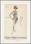 Shantung print dress with surplice neckline, belted waist and gathered fabric at left hip; satin trim along neckline and hip piece; soft gathers on bodice and hip