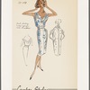 Shantung print dress with belt and tucked organza inserts at V neckline; matching coat with organza puff sleeves, spread collar  and chevron-shaped pocket openings