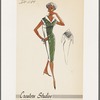 Contrast-fabric dress in apron effect; shawl collar, button and button hole detailing and back triangle of fabric over shoulder in scarf effect