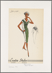 Contrast-fabric dress in apron effect; shawl collar, button and button hole detailing and back triangle of fabric over shoulder in scarf effect