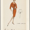 Double-breasted belted dress with flat, tailored collar and elbow-length sleeves; matching fez hat