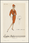 Double-breasted belted dress with flat, tailored collar and elbow-length sleeves; matching fez hat