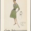 Crepe day dress with full skirt, back closing and contrast shawl collar, belt and button placket; matching hat