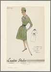 Crepe day dress with full skirt, back closing and contrast shawl collar, belt and button placket; matching hat