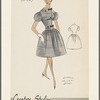 Jewel-neckline dress with puff sleeves, gathered full skirt and fitted bodice with asymmetric button closing; small velvet bows
