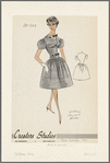 Jewel-neckline dress with puff sleeves, gathered full skirt and fitted bodice with asymmetric button closing; small velvet bows