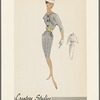 Check dress with large-button front closure, contrast wide belt and matching bolero jacket with bias edging; hip pocket flaps mirror jacket edging