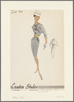 Check dress with large-button front closure, contrast wide belt and matching bolero jacket with bias edging; hip pocket flaps mirror jacket edging