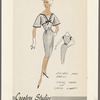 Sleeveless dress of check fabric with armscye decoration of button and satin trim; matching bolero jacket with bell sleeves and wide V neckline with button decoration; jacket edged and tied with satin