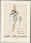 Sleeveless dress of check fabric with armscye decoration of button and satin trim; matching bolero jacket with bell sleeves and wide V neckline with button decoration; jacket edged and tied with satin