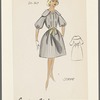 Striped-fabric dress with bertha collar, bishop sleeves and bias cut band cuffs and bodice decoration; contrast bow belt