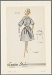 Striped-fabric dress with bertha collar, bishop sleeves and bias cut band cuffs and bodice decoration; contrast bow belt