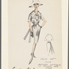 Polka dot silk dress with bertha collar and front button closure; multiple decorative stitching on pockets and sash