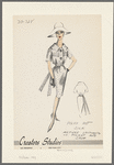 Polka dot silk dress with bertha collar and front button closure; multiple decorative stitching on pockets and sash