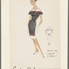 Belted sheath dress of plain and striped fabrics; double button closing and striped bow on bateau neckline; short flaring sleeves