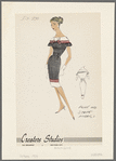 Belted sheath dress of plain and striped fabrics; double button closing and striped bow on bateau neckline; short flaring sleeves