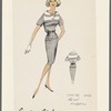 Belted short-sleeved dress of check and plain fabrics; bertha collar and yoke of plain fabric with check bias trim; button bodice closing