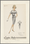 Belted short-sleeved dress of check and plain fabrics; bertha collar and yoke of plain fabric with check bias trim; button bodice closing