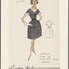 Belted dress with V neckline, cap sleeves, full skirt and fitted bodice; eyelet trim at neckline and sleeve