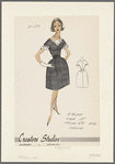 Belted dress with V neckline, cap sleeves, full skirt and fitted bodice; eyelet trim at neckline and sleeve