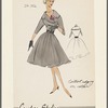 Day dress with full skirt, belt and oversize notch collar with contrast edging; double-breasted side closing