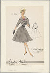 Day dress with full skirt, belt and oversize notch collar with contrast edging; double-breasted side closing