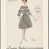 Shirtwaist dress with full skirt, 3/4-lenght balloon sleeves and lace-trimmed capelet; stand-up collar with bow