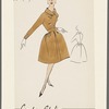 Double-breasted dress with stand-up collar forming a loop and pull-through; long sleeves with triple-button detail at wrist; full skirt with front inverted pleat and wide waistband