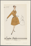 Double-breasted dress with stand-up collar forming a loop and pull-through; long sleeves with triple-button detail at wrist; full skirt with front inverted pleat and wide waistband