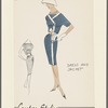 Dress and jacket: sleeveless dress with contrast trim at armscye and on skirt and contrast belt with bow; side button closure on skirt; short dolman-sleeve jacket with contrast V neckline and side button closure