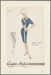 Dress and jacket: sleeveless dress with contrast trim at armscye and on skirt and contrast belt with bow; side button closure on skirt; short dolman-sleeve jacket with contrast V neckline and side button closure