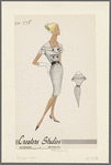 Double-breasted check dress with short sleeves and contrast buttons and belt; bias cut trim around shoulders closes at bodice with button tab giving dress a capelet effect