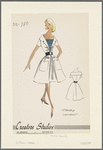 Short-sleeved dress with large flat collar with notches and deep lapels; wide belt with button detail above and below; large patch pockets on either side of inverted pleat; striped contrast dickey
