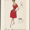 Short-sleeved dress with wide shawl collar, full skirt and large patch pockets; satin belt and modesty with self loops