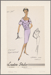 Jacket and dress: sleeveless sheath dress with wide, horizontal neckline, double-button decorations and horizontal bands of self fabric; jacket with notched collar and lapels and double-button detailing