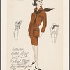 Buttonless, belted, long jacket suit with contrast blouse and removable scarf-stitching trim