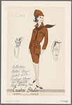 Buttonless, belted, long jacket suit with contrast blouse and removable scarf-stitching trim