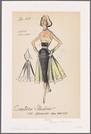 Linen cocktail sheath dress with removable chiffon overskirt; square neckline, spaghetti straps and bare back; decorative button pair at midriff