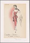 Cocktail dress with square neckline, shoulder straps and scalloped panels layered at each side of bodice; tiered and scallop-edged peplum; contrast bowed sash at waist